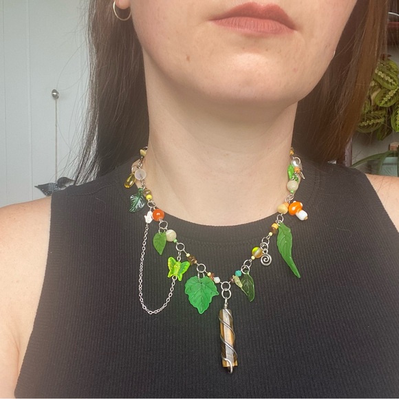 Greenwood Fairy Beaded Charm Pendant Necklace Leaves Tiger’s Eye Butterfly Chain - Picture 7 of 8